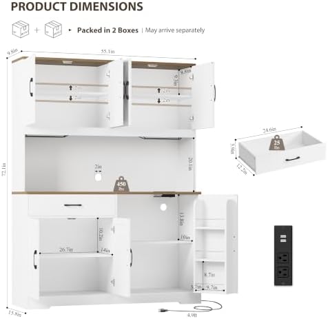 HOSTACK 55" W Kitchen Pantry Storage Cabinet, 72" Tall Hutch Cabinet, White - Image 3