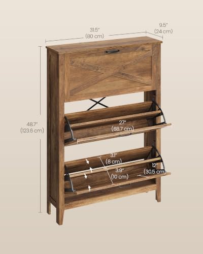 VASAGLE Farmhouse Shoe Cabinet, Narrow Storage Organizer, 3 Flip Drawers - Image 2