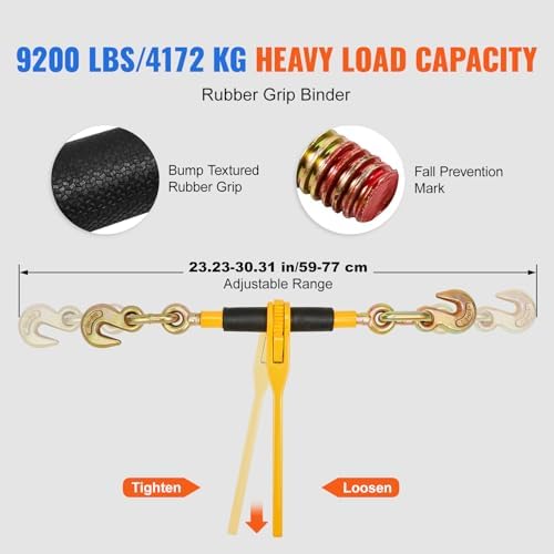 VEVOR Chain and Binder Kit, 3/8"-1/2" Ratchet Load Binders 9200 lbs Working Load Limit, 3/8" x 10' G80 Chains with Grab Hooks, Ratchet Binders and Chains for Truck, Tie Down, Hauling, Towing, 2 Set - Image 4