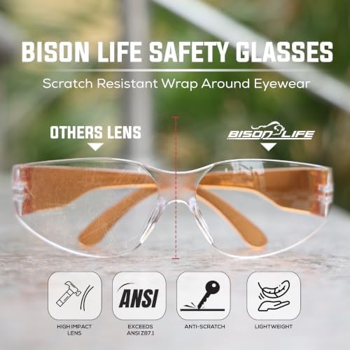 BISON LIFE Clear/Orange Safety Glasses for Men & Women, ANSI Z87.1, 6 Pack - Image 2