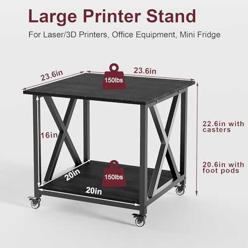 2 Tier Large Printer Stand, 23.6 x 23.6 Inches Printer Table with Storage Shelf, Rolling Printer Cart with Industrial Wheels for Home Office (Black) - Image 3