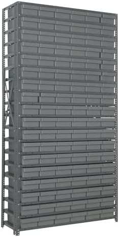 Quantum 1275-401GY Heavy Duty Shelving Unit with (19) Shelves and (27) QED401 Gray Bins for Garage Warehouse Storage Distribution | 400 lb Load Capacity | 12"D x 36"L x 75"H, Galvanized Carbon Steel by QuantumStorageSystems