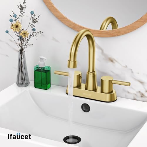 Gold Bathroom Faucet, Brushed Gold Bathroom Faucet, Gold Faucets for Bathroom Vanity, 4 Inch 2 Handle Centerset, Lead-Free, with Copper Pop Up Drain (Brushed Gold) - Image 5