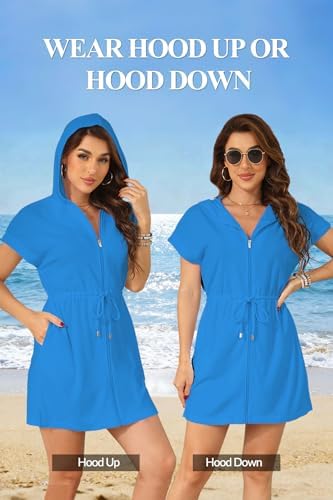 Womens Terry Cloth Cover Up Hooded Swim Cover with Zipper and Pocket - Image 5