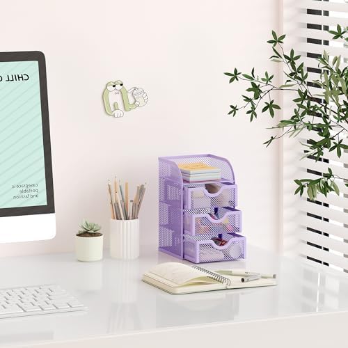 EasyPAG Mesh Desk Organizer with 3 Drawer Office Desktop Organizers and Accessories Stationery Caddy for Office, Home, Students, Purple - Image 6