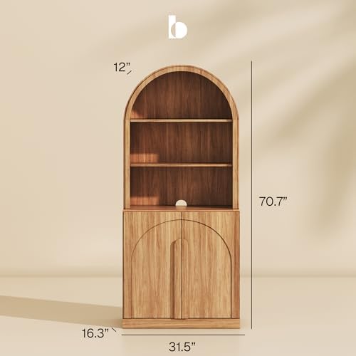 BELLEZE Arched Bookshelf with Storage, 71" Tall Wood Curio Display Cabinet with Adjustable Shelf, 5 Tier Modern Bookcase Shelf with Door for Living Room Office, Camel - Image 2