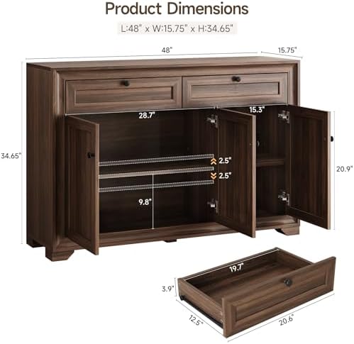 ONBRILL 48 Inches Sideboard Buffet Cabinet with Storage, Brown - Image 2