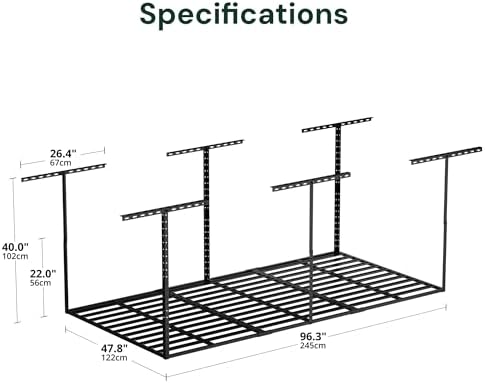 SunsGrove 4x8 Overhead Garage Storage Rack Organization, Adjustable Ceiling Mounted Storage Racks, 800LBS Weight Capacity, 22"-40" Ceiling Dropdown, Hammertone Black - Image 3