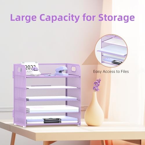 Supeasy 5 Trays Paper Organizer Letter Tray with Handle-Mesh Desk File Holders, Paper Sorter Desk Organizer for Office, Home, Classeoom or School, Purple - Image 4