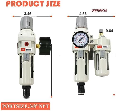 RIH Pneumatics Compressed Air Filter Regulator Lubricator Combo Water/Oil Trap Separator - Gauge(0-150 psi), Semi-Auto Drain, Poly Bowl,Bracket - 3 in 1 Two Unit (3/8“ NPT Auto Drain) - Image 2