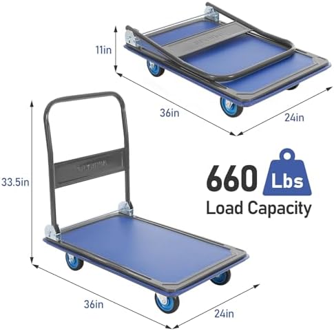 Olympia Tools Foldable Push Cart Dolly - 600 Lb. Capacity Heavy Duty Platform Truck with 360° Swivel Wheels - Blue - Image 3