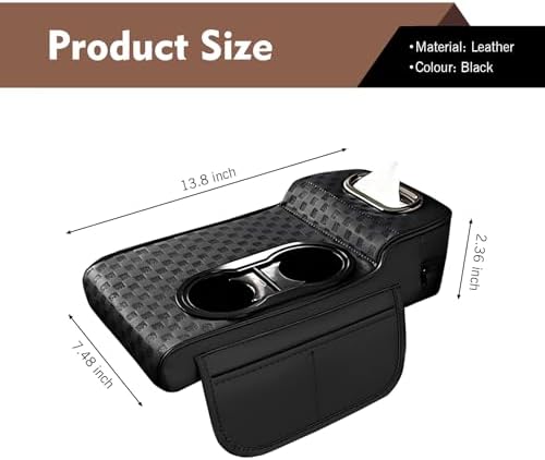 Car Center Console Leather Armrest Increase Cushion, MultiFunctional Armrest Box Pad with Dual Cup Holder, Tissue Box, Side Card Holder, Universal for Most Cars, SUVs, Trucks (Black) - Image 2