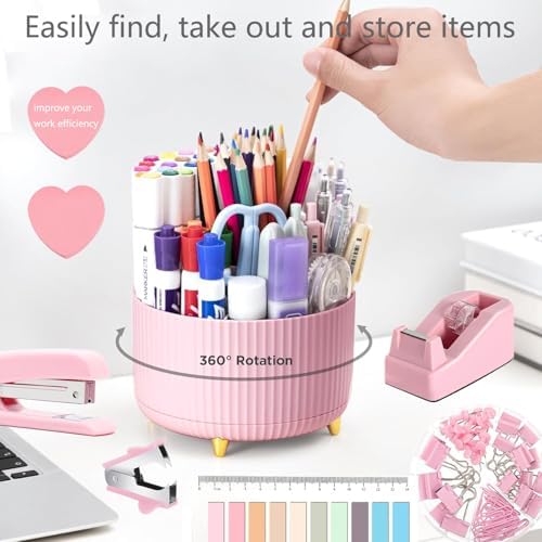 Pink Office Supplies,Desk Accessories,Desk Organizer,Phone Stand,Scissors,Stapler,Tape Dispenser,Binder clips,Staples,staple remover,Sticky Notes,Index Tabs,Clear Tape,Mini Box Cutter,Cool Pen 16pcs - Image 3