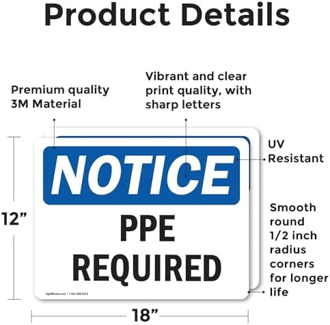 (2 Pack) PPE Required OSHA Notice Sign 18 Inch X 12 Inch Vinyl Label Decal Sticker Weather Resistant, UV Protected for Workplace, Business, and Construction Site, Made in the USA - Image 2