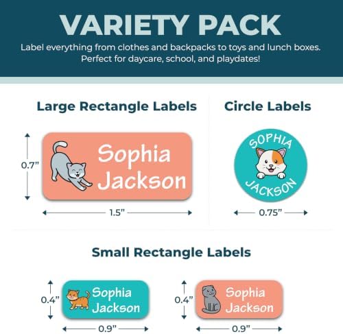 Bunny Badges Personalized Name Labels for Kids (70 Labels) - Custom Waterproof Name Stickers for Daycare, Clothing Tags, Water Bottles, Lunch Boxes and School Supplies (Cats) - Image 2