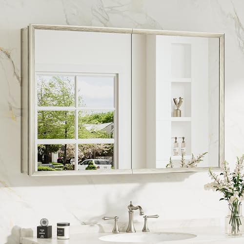 TokeShimi 36 x 24 Brushed Nickel Recessed Medicine Cabinet, Assembly Required, Bathroom Mirror Medicine Cabinet, Lightweight Aluminum Frame， Stepless Adjustable Shelves, Tempered Glass by TokeShimi