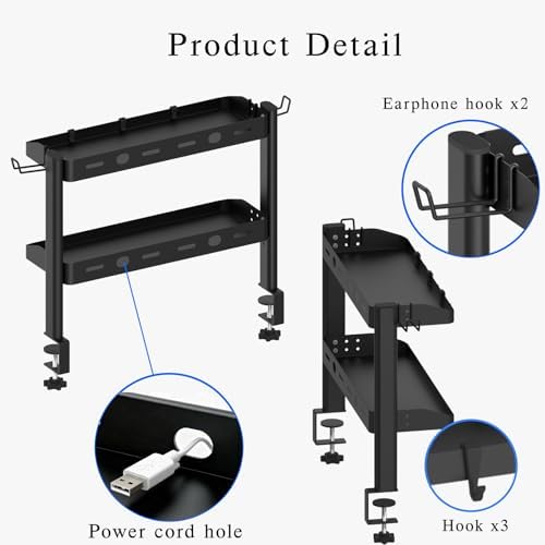 Clamp on Desk Shelf, 17in 2-Tier Office Desk Shelves Organizer, Small Shelf for Top of Desk with Headphone Holder and Hooks, Desktop Storage Rack for Home Workspace, Study Rooms, Gaming Accessories - Image 4