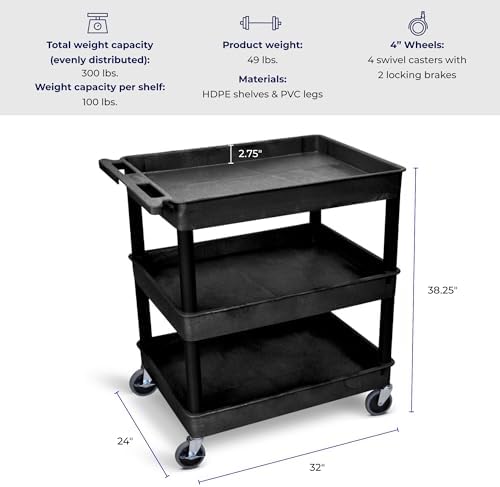 Stand Steady Tubstr Large 3 Shelf Utility Cart | Heavy Duty, Black HDPE & PVC, Holds Up to 300 lbs. | Storage & Rolling Tool Cart for School, Office, Garage & Warehouse - Image 3