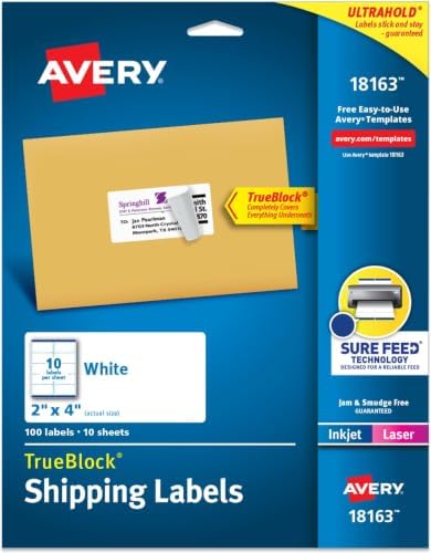 Avery Printable Shipping Labels with Sure Feed, 2" x 4" Customizable Stickers, White, 100 Blank Mailing Labels, Great for Mailing, Shipping, and More (18163) (Pack of 5) by Avery