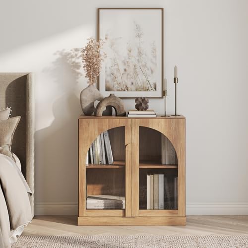 BELLEZE Bijou 31.5" Modular Sideboard Cabinet - Expandable Design with Arched Glass Doors - Use Solo or Combine for Buffet, Living Room Media Center & Entryway - 70lbs Capacity, Camel by BELLEZE