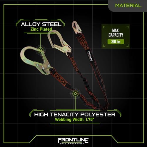 Frontline LIS62R Double Shock Absorbing 6' Lanyard | Twin Leg Lanyard 1 Snap Hook and 2 Rebar Hook Ends | ANSI & OSHA Compliant Fall Protection | 6000 lbs. Min. Breaking Strength - Image 4