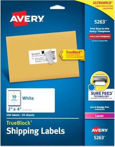Avery Printable Shipping Labels with Sure Feed, Customizable Stickers, White, 250 Blank Mailing Labels, Great for Mailing, Shipping, and More (5263), 2" x 4" (Pack of 5) by Avery
