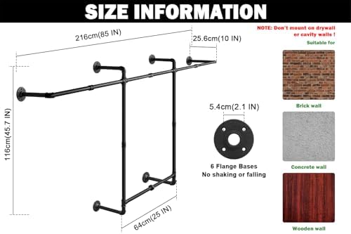 Livabber Industrial Pipe Clothes Rack, Heavy Duty Detachable Iron Garment Rack Wall Mounted, Rustic Saving Space Clothes Bar Multi-Purpose Hanging Rod for Bedroom, Closet, 2 Tier, Black (82 Inch) - Image 2