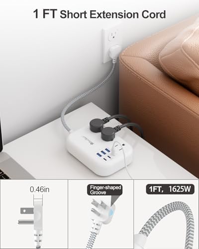 Beeiker Short Extension Cord 1 Ft,6 USB (3 USB C) Power Strip,3 Outlets - Image 5