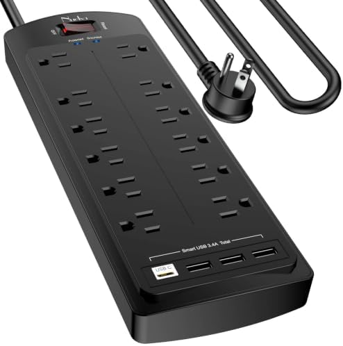 Power Strip, Nuetsa Surge Protector with 12 Outlets and 4 USB Ports, 10 Feet Flat Plug Extension Cord for Home, Office, Dorm Essentials, 2700 Joules, ETL Listed, Black by Nuetsa