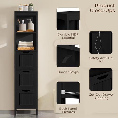 Yaheetech 56" Tall Narrow Bathroom Storage Cabinet with 3 Drawers, Black - Image 5