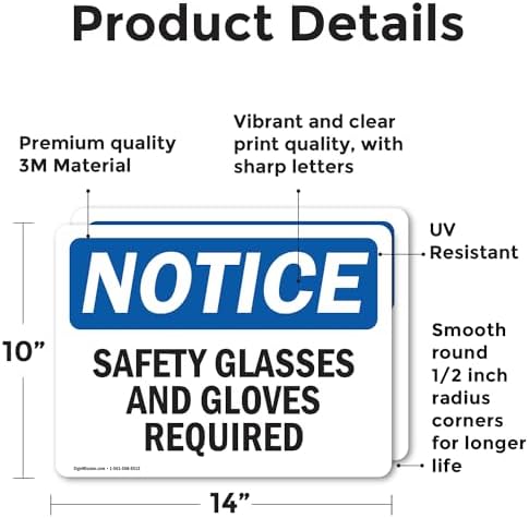 (2 Pack) Safety Glasses And Gloves Required OSHA Notice Sign 14 Inch X 10 Inch Vinyl Label Decal Sticker Weather Resistant, UV Protected for Workplace, Business, and Construction Site, Made in the USA - Image 2