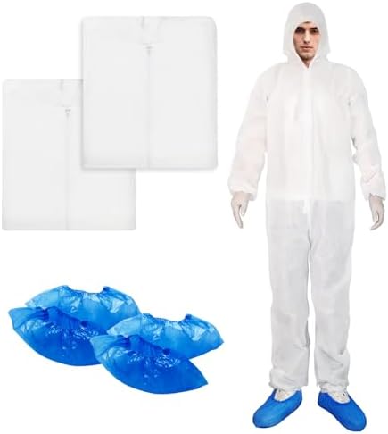 ETERNA Hazmat Suits- 2 Pack Disposable Protective Coveralls with Hood, Zipper, Elastic Wrists, Shoe Covers for Men & Women, Shield from Dirt, Dust, Paint (White, Small) by ETERNA