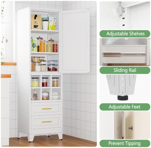 Ckzbx Tall Narrow Storage Cabinet, 66.93" H Tall Bathroom Cabinet Metal Pantry Cabinets with Hollowed-Out, 3 Adjustable Shelves, for Kitchen, Bathroom, Home Office, Living Room (White) - Image 3
