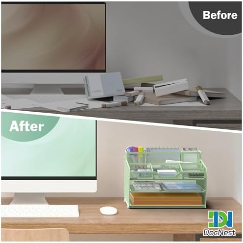 Docnest 3 Tier Mesh Desk Organizer with Letter Tray & Paper Sorter, Green - Image 2