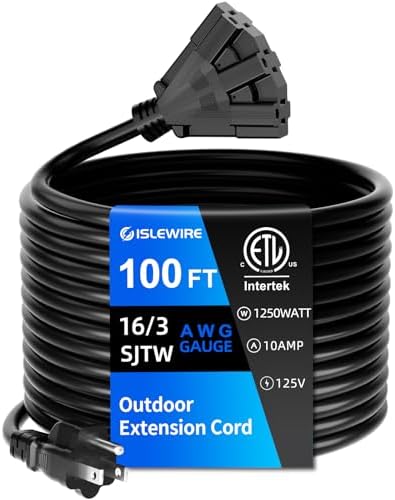 100 FT 3 Outlet Outdoor Extension Cord Waterproof, 16/3 SJTW Black Extension Cord with Multiple Outlets, Heavy Duty 16 Gauge 3-Prong Grounded Power Cable for Garden and Home Use, ETL Listed by ISLEWIRE