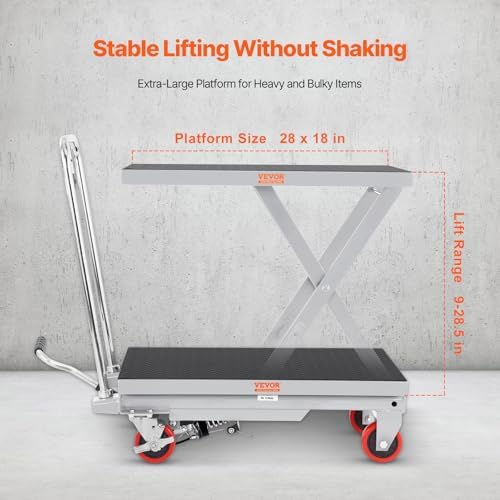 VEVOR Hydraulic Lift Table Cart, 500 lbs Load Capacity, 28.5-Inch Lifting Height, Manual Single Scissor Lift Table with 4 Wheels and Non-Slip Pad, Gray, Alloy Steel - Image 3