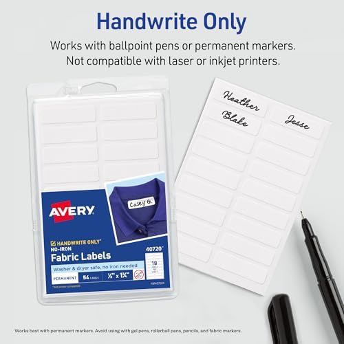 Avery No-Iron Fabric Labels, 1/2" x 1-3/4", Washer and Dryer-Safe Waterproof Labels, Non-Printable, 54 Total (40720) (Pack of 2) - Image 5