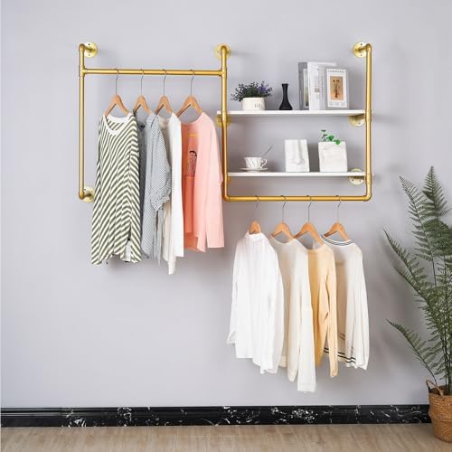 Industrial Pipe Clothing Rack Wall Mounted with 2 Wood Shelves, Heavy Duty Double Rod Garment Rack for Bedroom, Laundry Room & Retail Store, Gold, 59 Inch by EDCB
