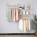 Industrial Pipe Clothing Rack Wall Mounted with 2 Wood Shelves, Heavy Duty Double Rod Garment Rack for Bedroom, Laundry Room & Retail Store, Gold, 59 Inch by EDCB