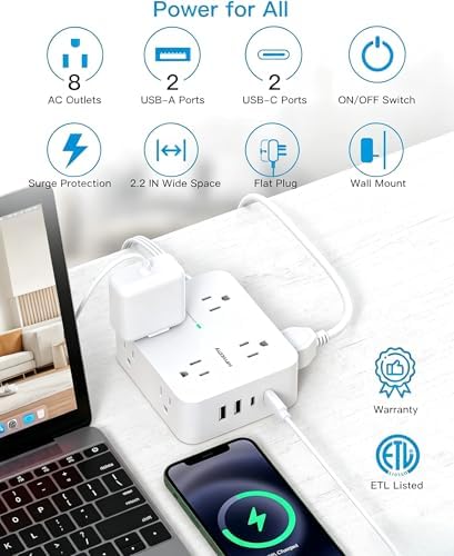 15Ft Long Extension Cord with Ultra-Thin Flat Plug, 8 Widely Spaced Outlets - Image 2