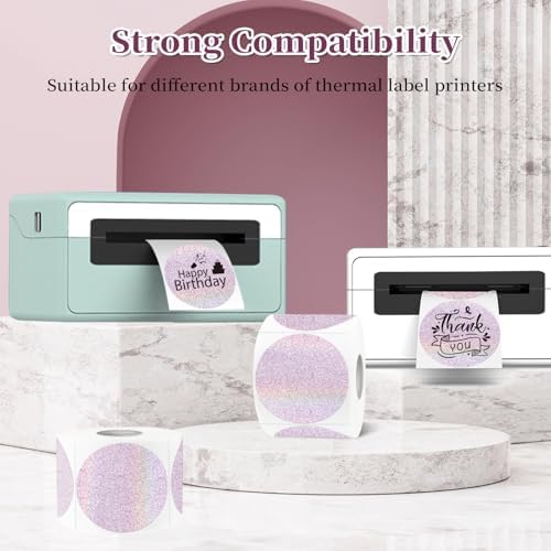 2 Inch Holographic Thermal Labels,Pink Round Thermal Printer Labels,Printable Round Thermal Printer Labels Self-Adhesive Direct Thermal Label(300 Labels/Roll Pink) - Image 4