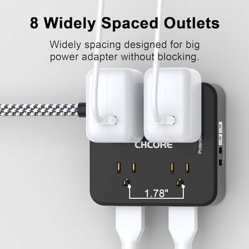 Surge Protector Power Strip - CHCORE 20Ft Braided Extension Cord with 8 Outlets with 4 USB (2 USB C) Charging Ports, Flat Plug Multi Plug Outlet Extender Charging Station for Home Office, ETL, Black - Image 4