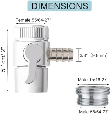 Faucet Diverter Valve, 9.5mm Barb for 3/8" ID Flexible Hose, Countertop Water Filter Adapter with Solid Brass Handle, M22 Male to M24 Male Adapter Rings, Clamps & Extra Washers - Image 2