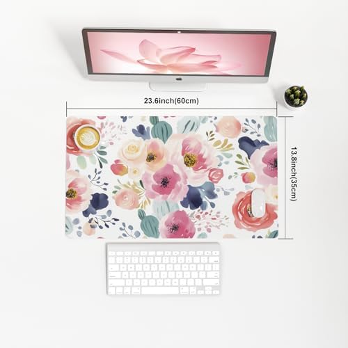Faux Leather Large Mouse Pad, Office Desk Mat, 23.6"x13.8", Pink Floral - Image 3