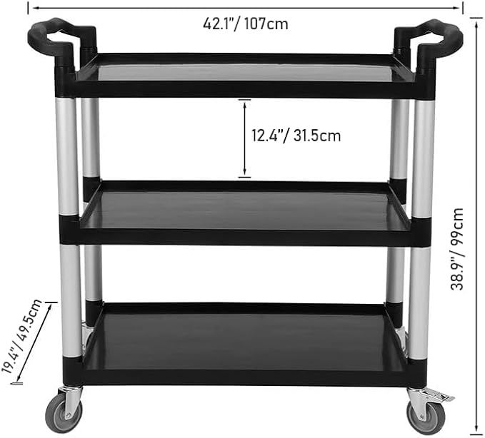 Heavy Duty 360 Restaurant Cart, 3-Shelf Plastic, Lockable Wheels, Extra Large - Image 2