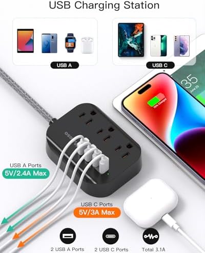 Travel Essentials, Power Strip with USB, Compact Flat Plug Extension Cord - Image 3