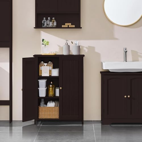 Yaheetech Small Bathroom Storage Cabinet for Towels with 2 Doors, Espresso - Image 2