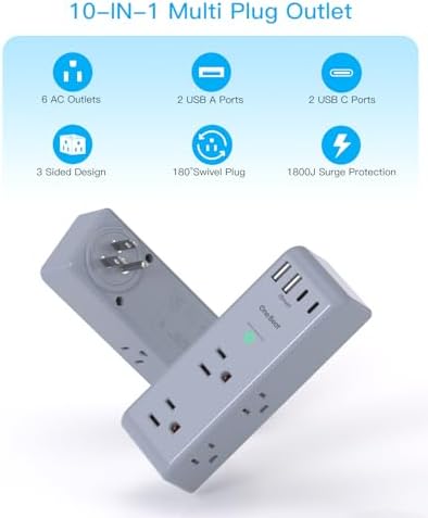 Surge Protector Outlet Extender, Multi Plug Wall Outlet, Rotating Plug,Grey - Image 2