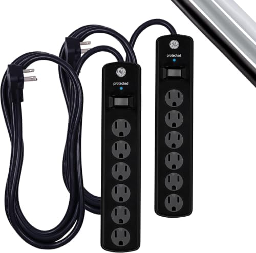 GE Surge Protector Power Strip, 8 Ft Extension Cord, 6 Outlet Extender, 800 Joules, Flat Plug, Twist-to-Close Safety Covers, UL Listed, Black, 54643 2 Count (Pack of 12) by Unknown