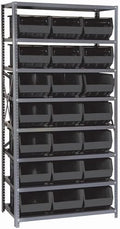 Quantum Storage Systems QSBU-255BK Giant Open Hopper Steel Shelving System, 18" D x 36" W x 75" H, with 8 Shelves and 21 QUS255 Bins, Black by QuantumStorageSystems